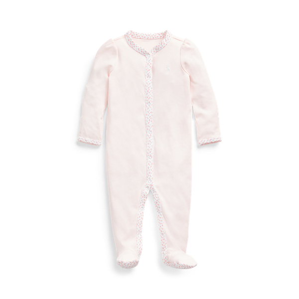 Floral-Trim Footed Coverall Baby Girl 1