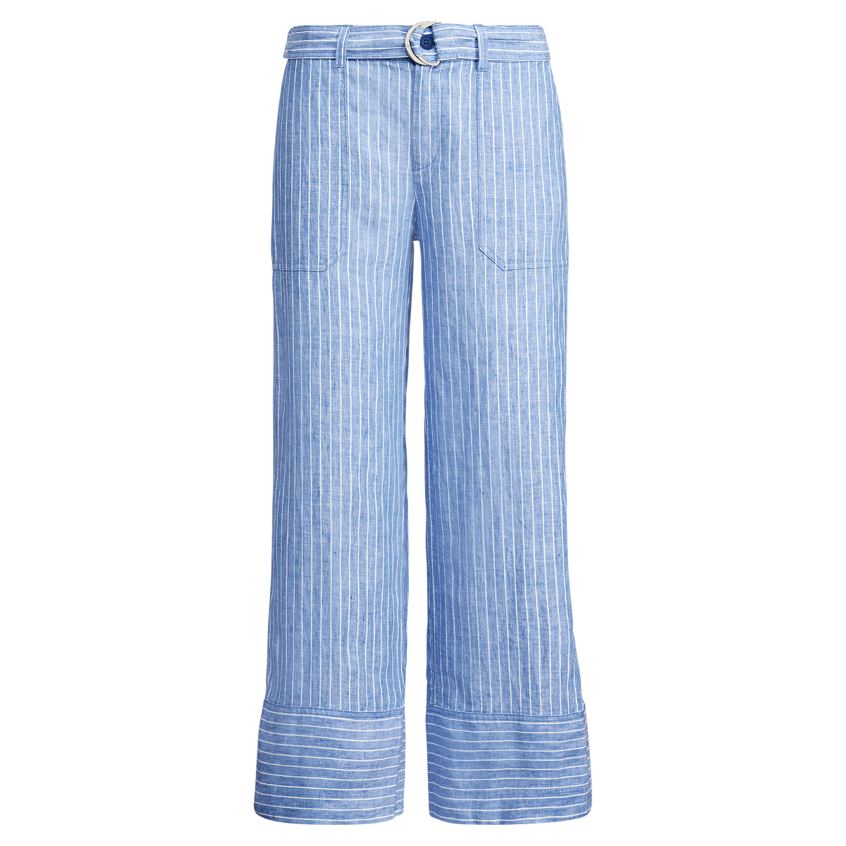 Striped Wide Leg Linen Pants With Self Belt in Light Blue Multi