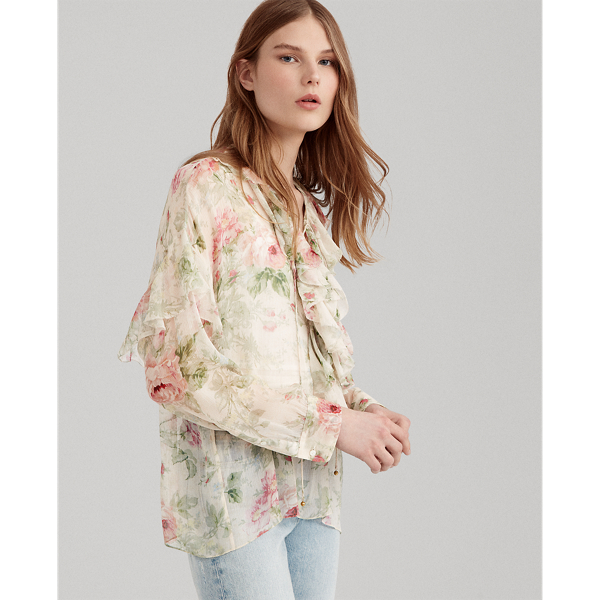 Floral Lace Up Silk Blouse