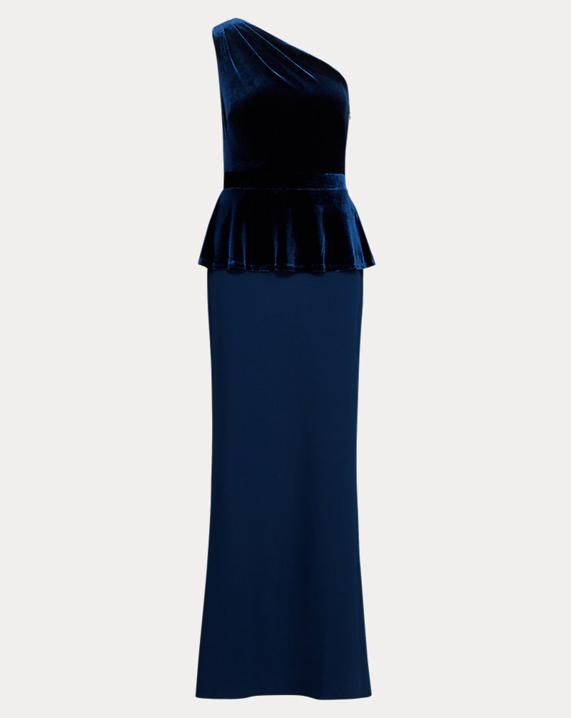 Velvet-Trim One-Shoulder Gown Lauren 1
