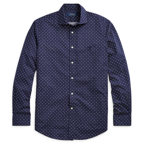 navy blue dress shirt with white polka dots