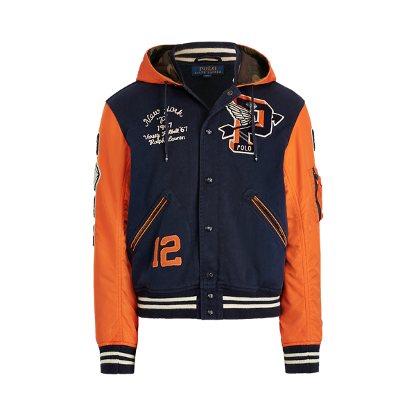 Hooded letterman jacket clearance