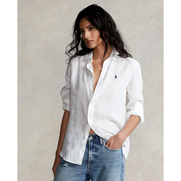 Ralph Lauren long-sleeved linen shirt, women's size M (approx.) linen unbleached Vintage Second Hand