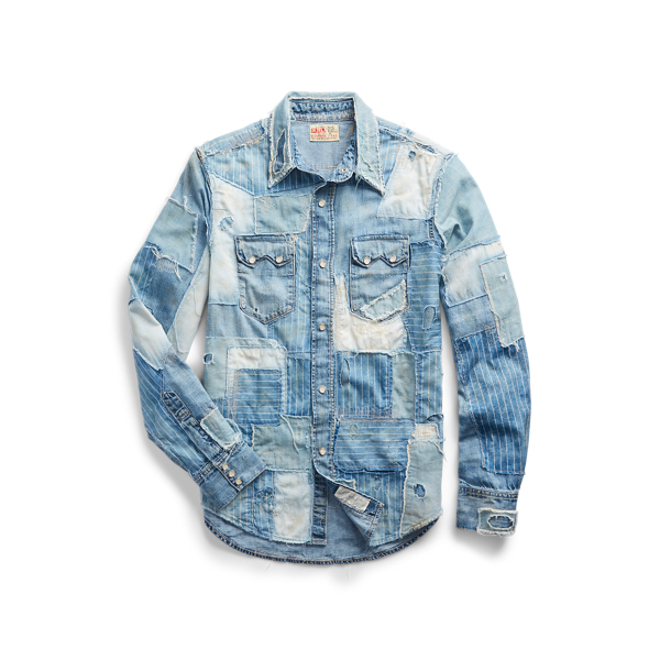 Slim Fit Repaired Denim Western Shirt