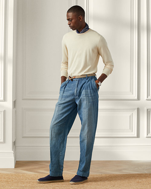 Buckled Cotton-Linen Denim Trouser