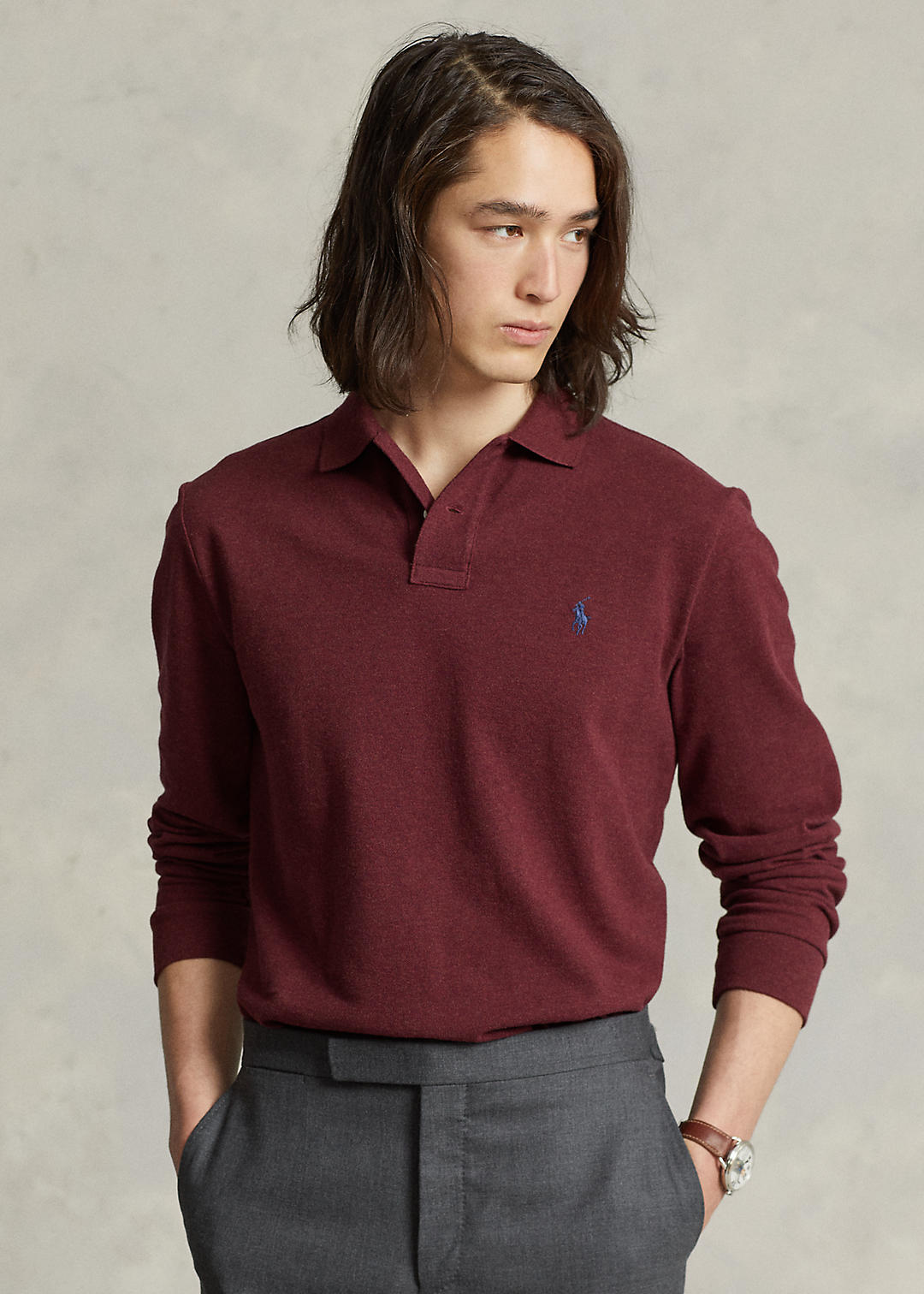 Custom Slim Fit Mesh Long-Sleeve Polo Shirt
