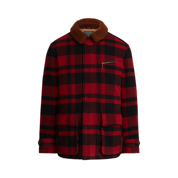 Shearling-Collar Plaid Barn Coat