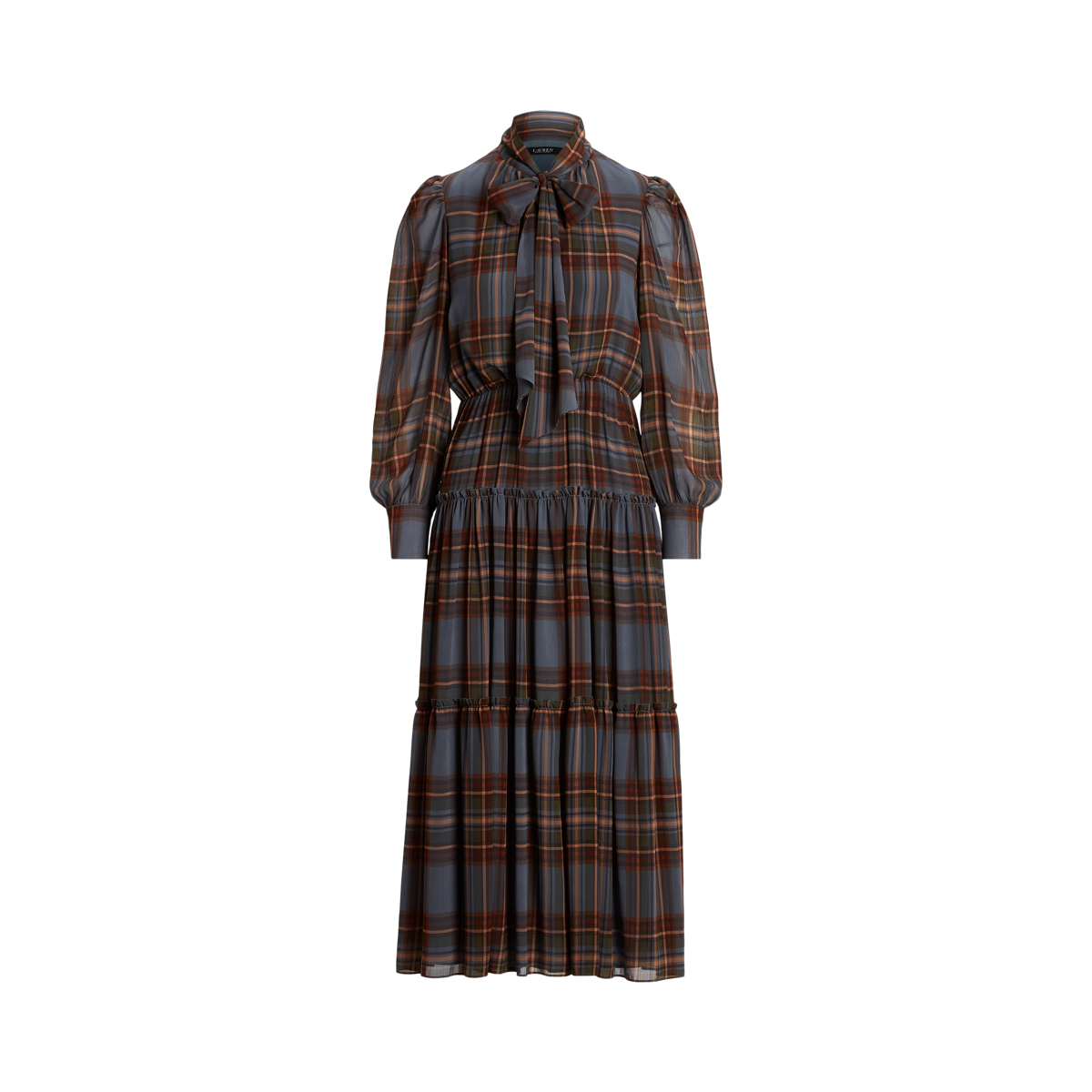 Plaid Tie-Neck Crinkle Georgette Dress