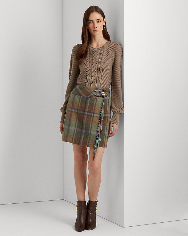 Plaid Fringe-Trim Tweed Miniskirt Lauren 1