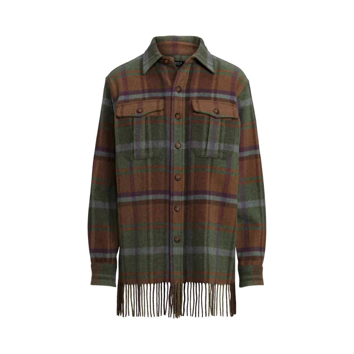 Plaid Fringe-Trim Twill Shirt Jacket