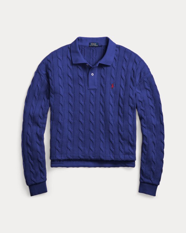 Cable-Knit Long-Sleeve Polo Shirt