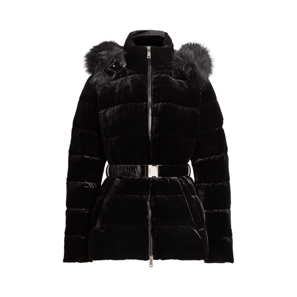 Lauren by Ralph Lauren Pillow Collar Hooded Down & Feather Puffer Coat in  Black