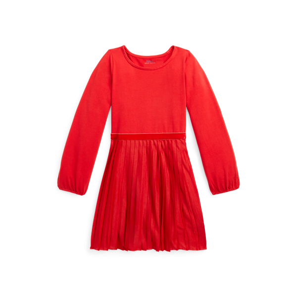 Plaid-Trim Pleated Jersey Dress