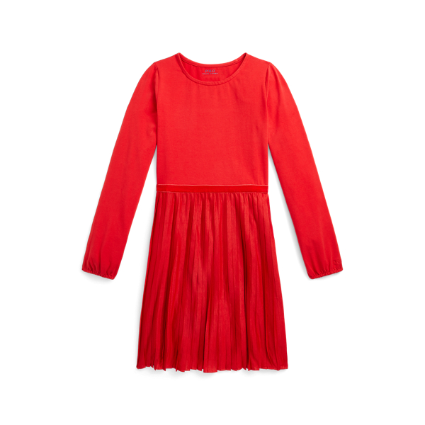 Plaid-Trim Pleated Jersey Dress