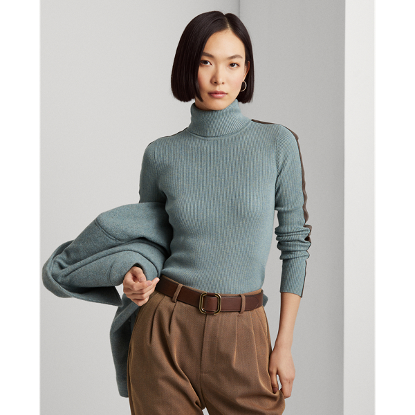 Lauren Ralph Lauren Women's Faux-Leather-Trim Turtleneck Sweater (L, Brown)