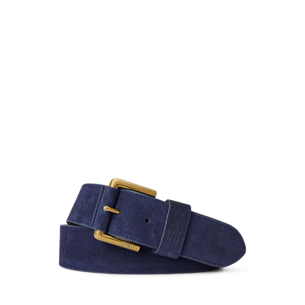 Reversible belt in navy blue suede and white tumbled leather