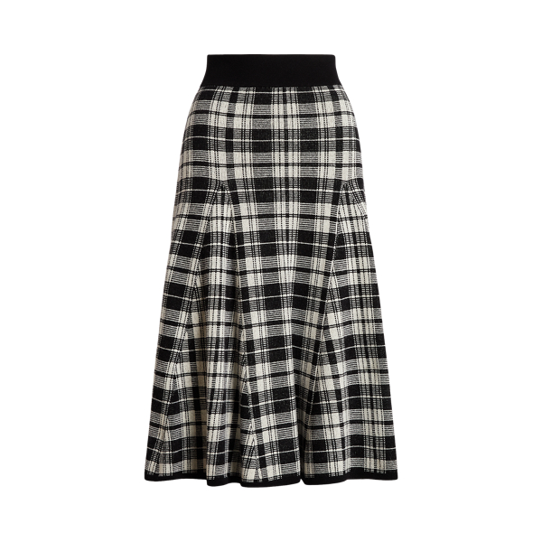 Plaid Jacquard-Knit Godet Wool Skirt