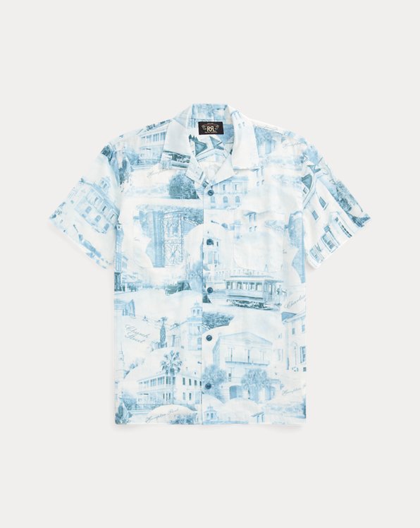 Postcard-Print Linen-Cotton Camp Shirt