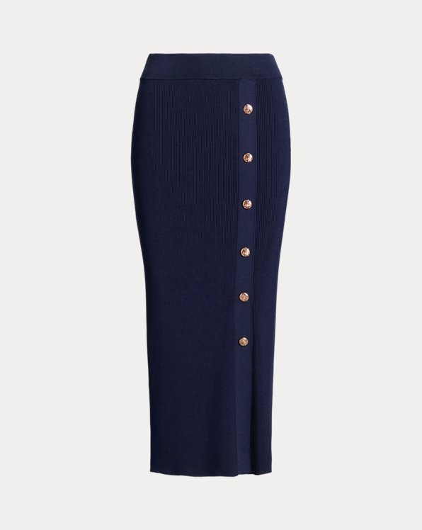 Button-Front Rib-Knit Midi Skirt