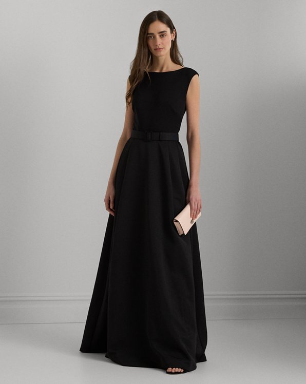 Belted Faille &amp; Jersey Gown