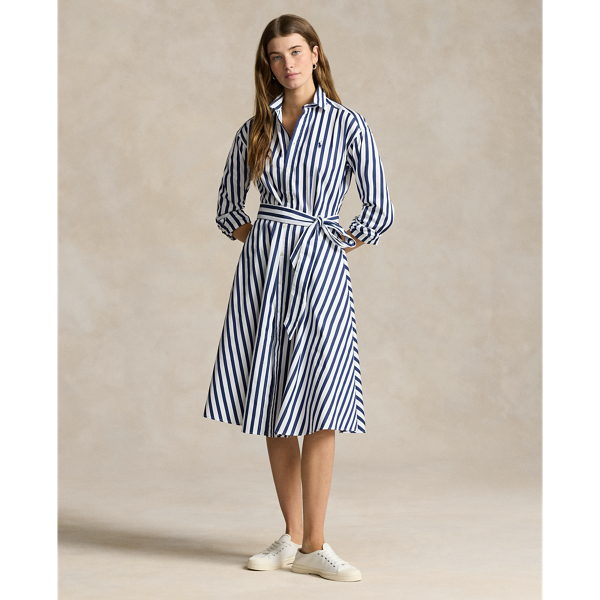 Belted Wide-Stripe Cotton Shirtdress