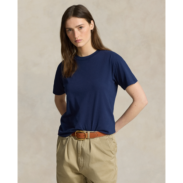 Travel V Neck Cotton Jersey Tee - Dark Navy/White