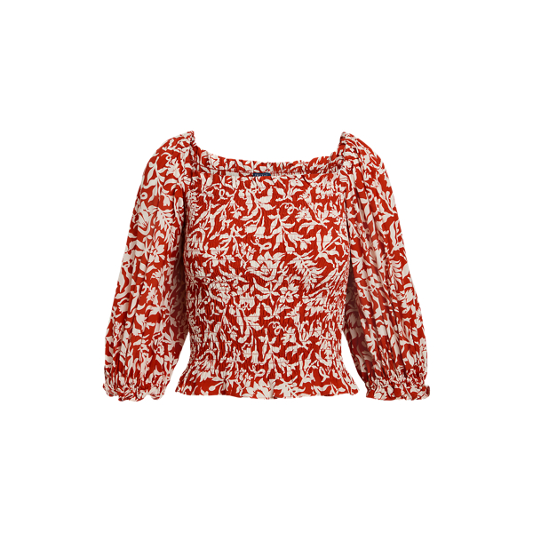Floral Blouson-Sleeve Smocked Crepe Top
