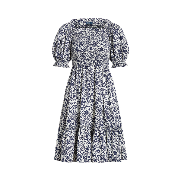 Floral Blouson-Sleeve Cotton Dress