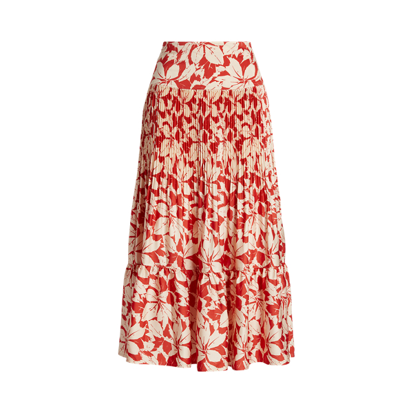 Print Satin Pleated A-Line Midi Skirt