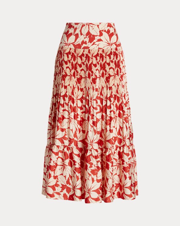 Print Satin Pleated A-Line Midi Skirt