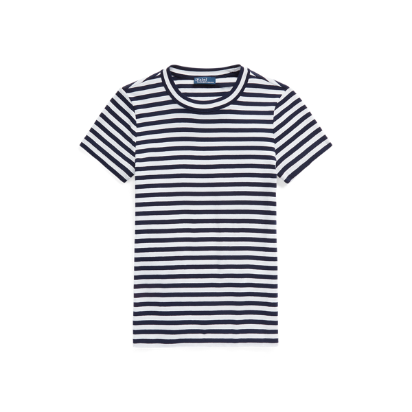 Striped Rib Knit Cotton Crewneck T Shirt