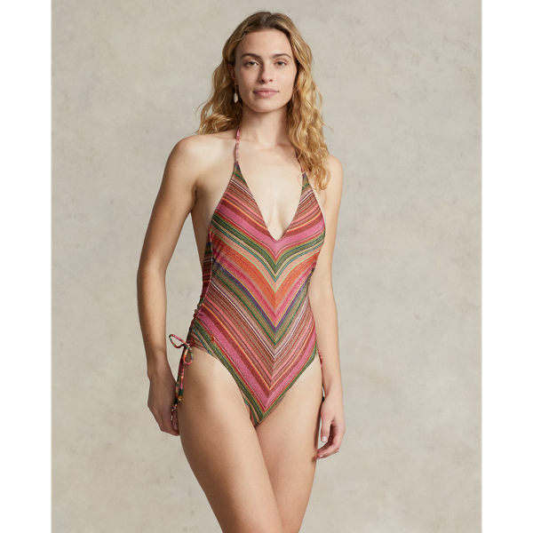 Striped One-Piece Halter Swimsuit
