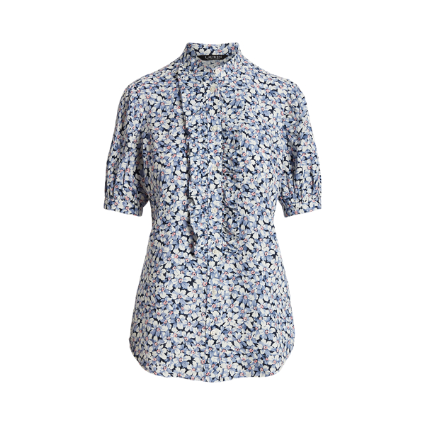 Floral Ruffle-Trim Linen Shirt