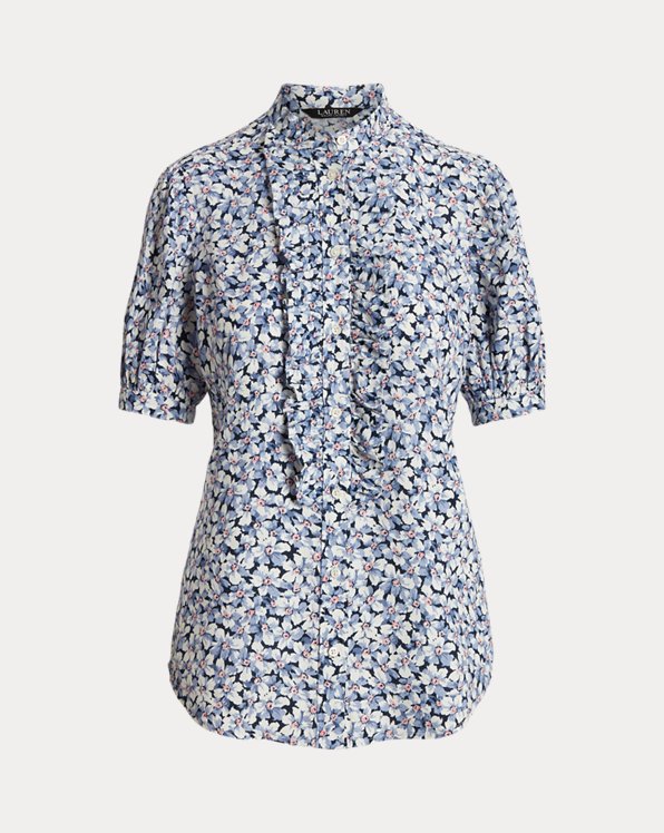 Floral Ruffle-Trim Linen Shirt