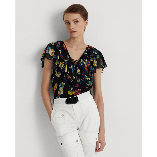 Floral Ruffle-Trim Georgette Blouse