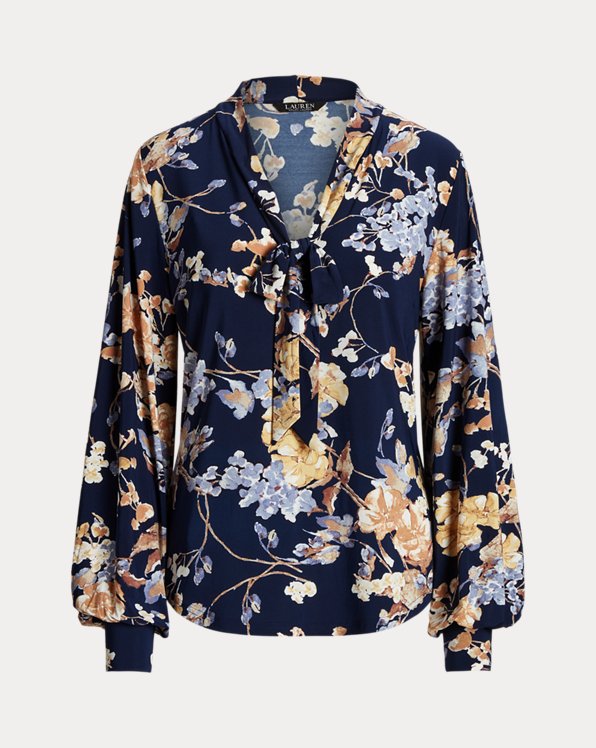 Floral Tie-Neck Stretch Jersey Top
