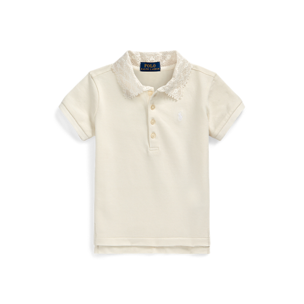 Lace-Collar Stretch Mesh Polo Shirt