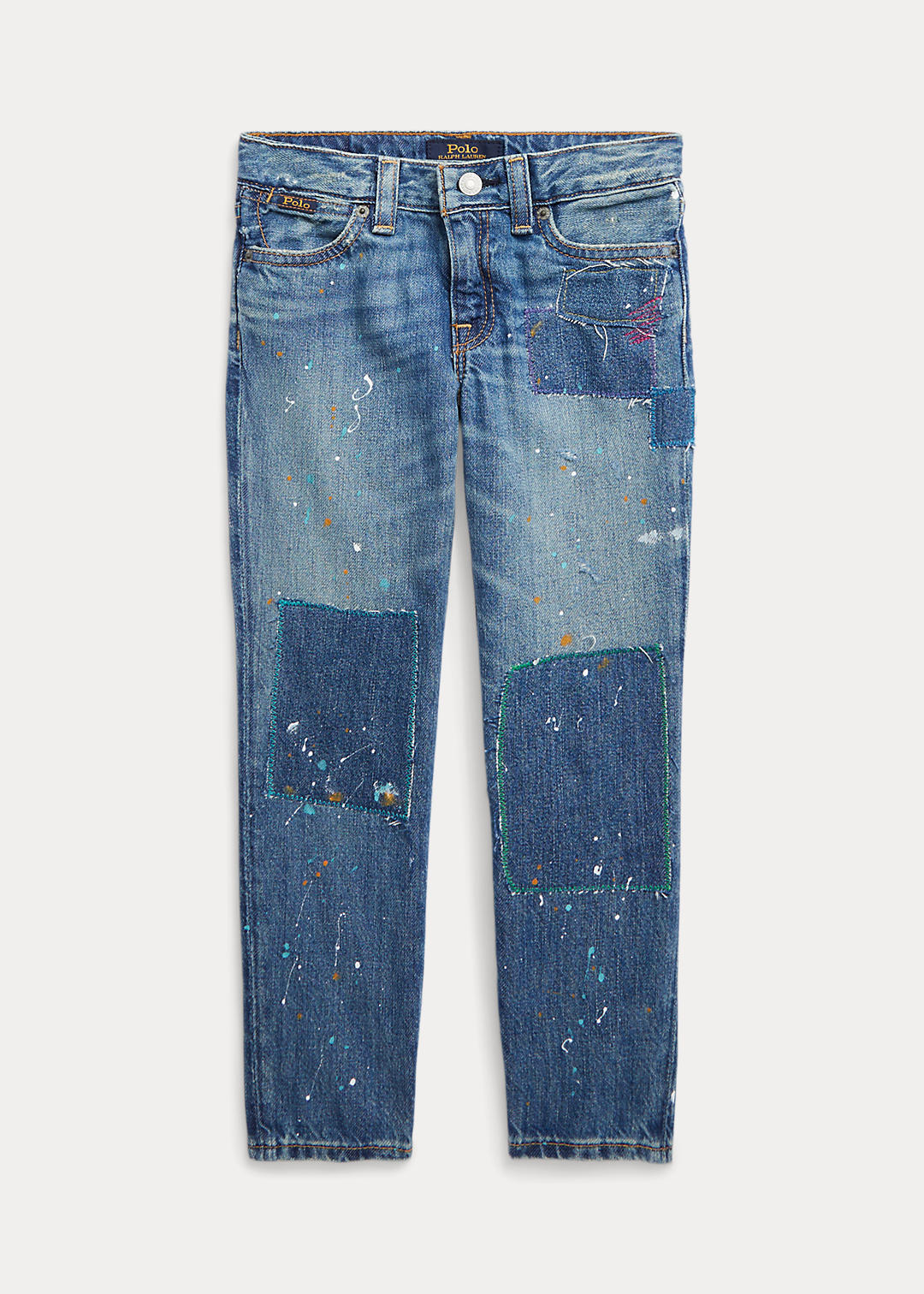 Blue With Red Paint Patchwork Splatter Jeans, Patchwork Paint Splatter  Jeans