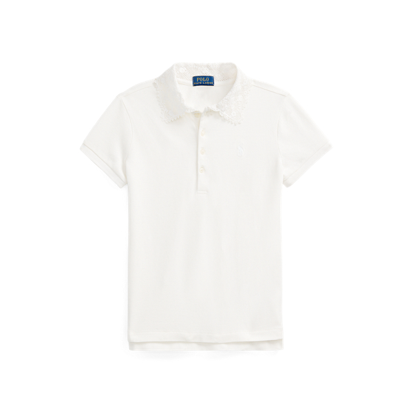 Lace-Collar Stretch Mesh Polo Shirt