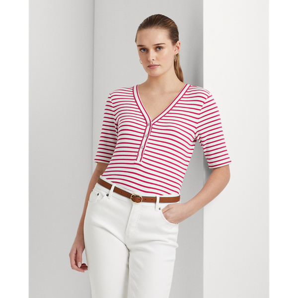 Ralph Lauren Women's Striped Cotton Blend Henley Tee Beige Size X-Large