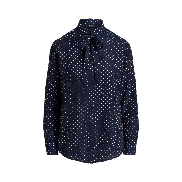 Polka-Dot Tie-Neck Crepe Shirt