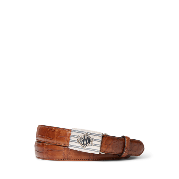 Monogram-Buckle Burnished Alligator Belt