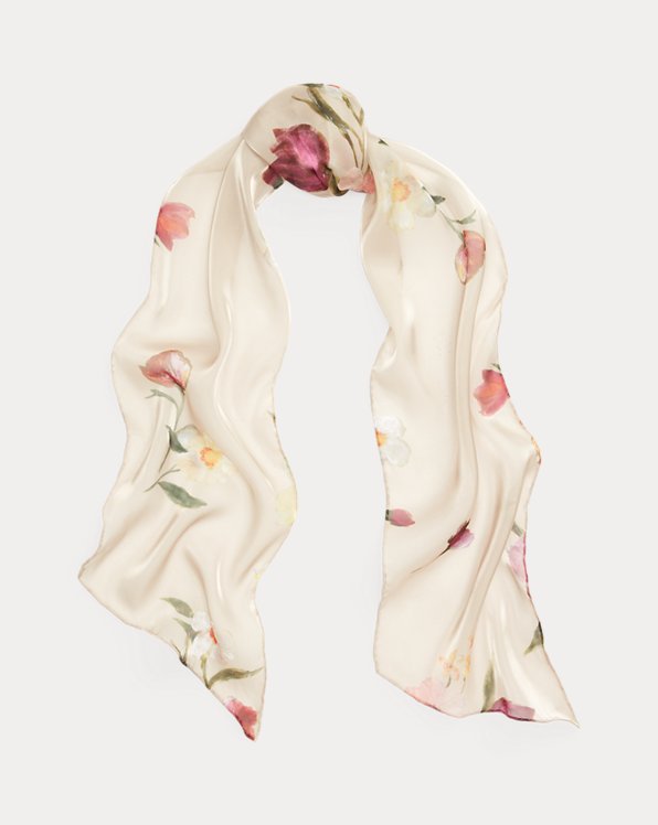 Painted-Print Pleated Organza Scarf