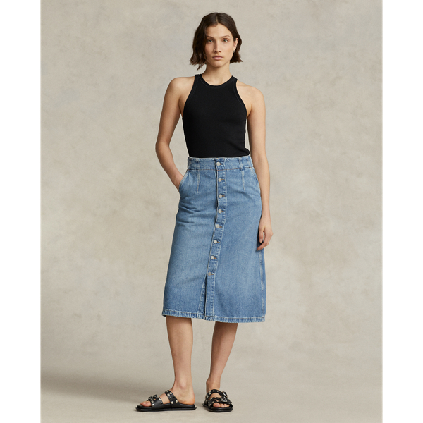 A-Line Button-Front Denim Midi Skirt