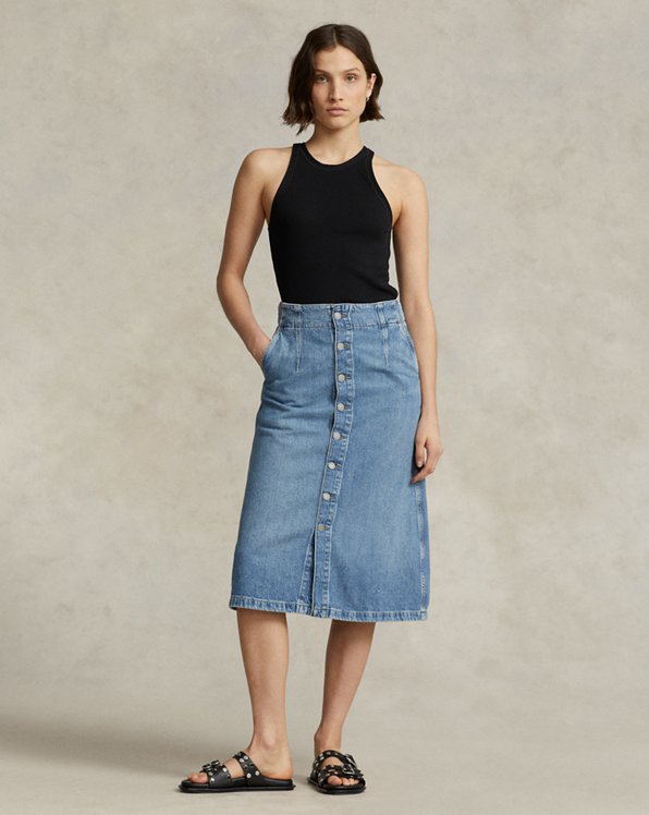 A-Line Button-Front Denim Midi Skirt
