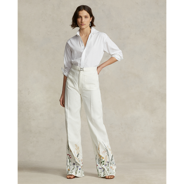 Embroidered Hemp Wide-Leg Trouser