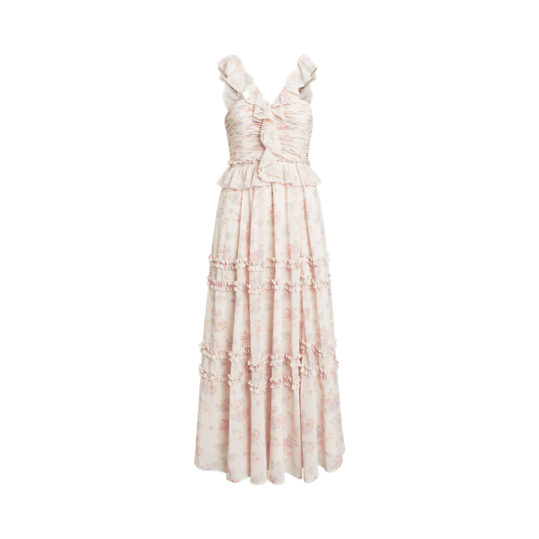 Ruffled Floral Sleeveless Crepe Dress