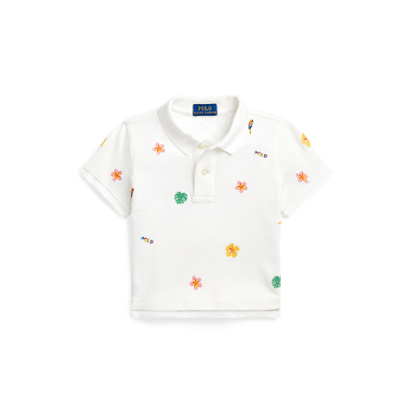 Tropical-Embroidery Mesh Boxy Polo Shirt