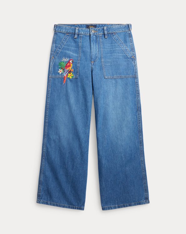Tropical-Embroidery Wide-Leg Jean