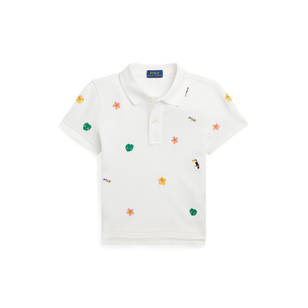 Tropical-Embroidery Mesh Boxy Polo Shirt